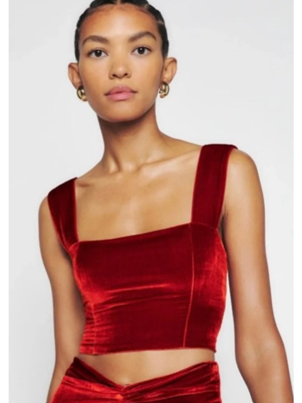 NWT Reformation Giulia Velvet Crop Top and Skirt Set Blood Orange Size 8
